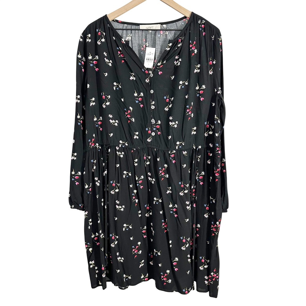 Loft Long Sleeve Floral Above Knee Dress Black Large Romantic Countryside Chic‎
